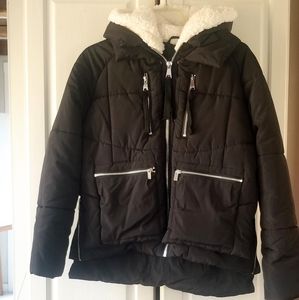 Women's puffer, "For all Mankind" sz small, black,  zippers, fleece hood.